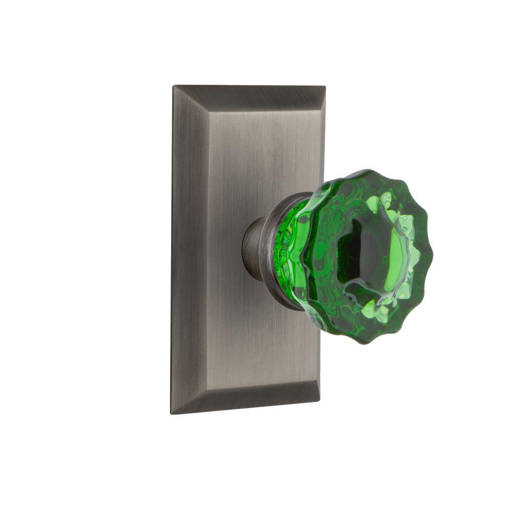 Nostalgic Warehouse STUCRE Colored Crystal Studio Plate Double Dummy Crystal Emerald Glass Door Knob in Antique Pewter